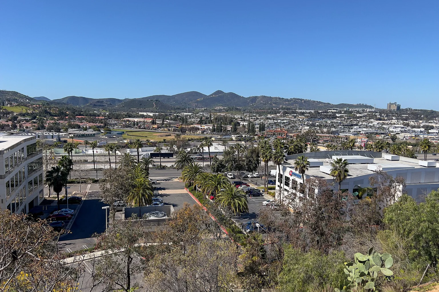 Wide westward view over Escondido buildings, roads, palm trees, and surrounding hills under a clear blue sky.